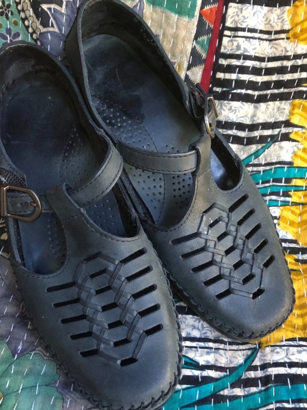 Dexter Womens Sandals Mary Jane Size 8M Leather Cut Out T-Strap Buckle Navy